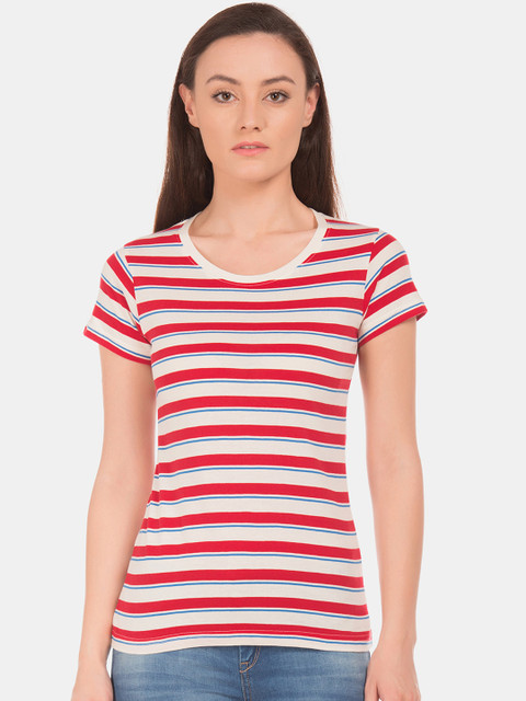 

Sugr Women Red & Off-White Striped Round Neck T-shirt