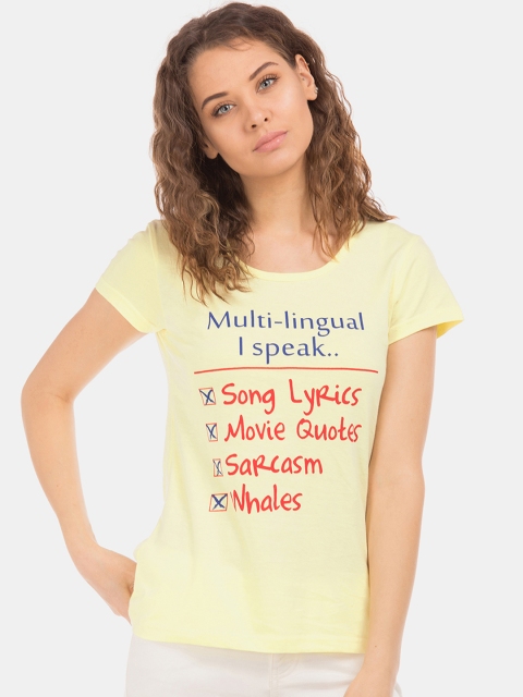 

Sugr Women Yellow Printed Round Neck Pure Cotton T-shirt