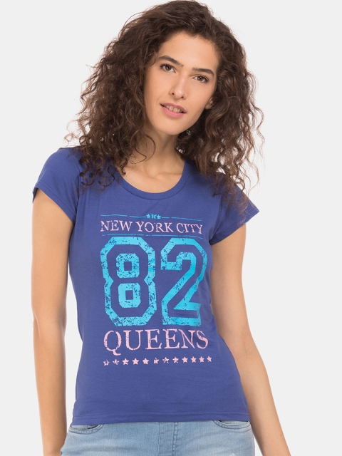 

Sugr Women Blue Printed Round Neck T-shirt