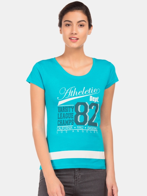 

Sugr Women Turquoise Blue & White Printed Round Neck T-shirt