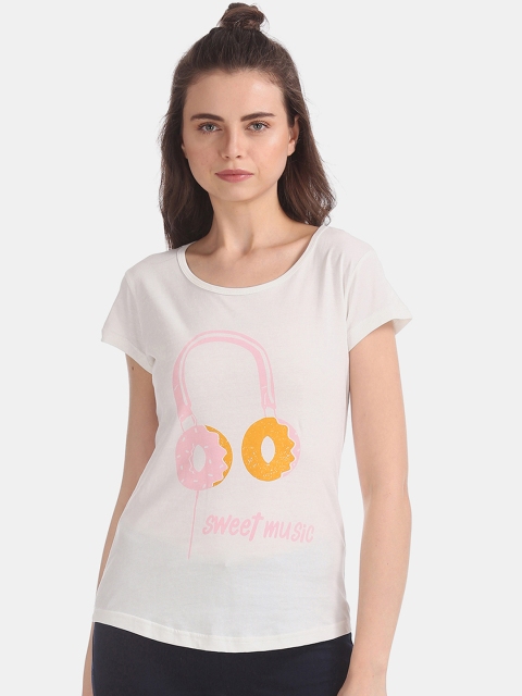 

Sugr Women White Printed Round Neck T-shirt