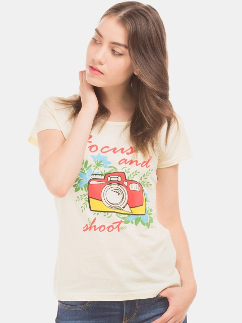 

Sugr Women Cream-Coloured Printed Round Neck T-shirt