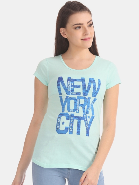 

Sugr Women Green Printed Round Neck T-shirt