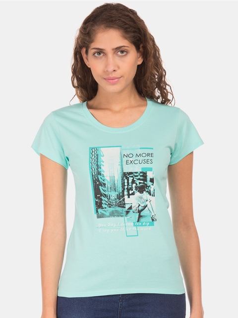 

Sugr Women Green Printed Round Neck T-shirt