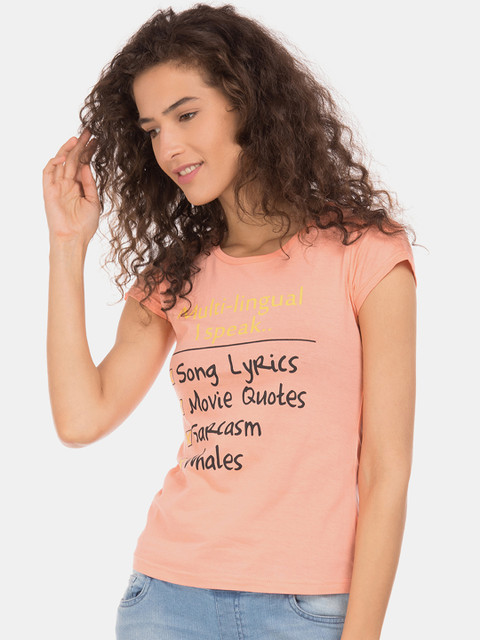 

Sugr Women Peach-Coloured Printed Round Neck T-shirt