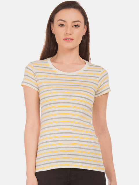 

Sugr Women Off-White & Grey Striped Round Neck T-shirt