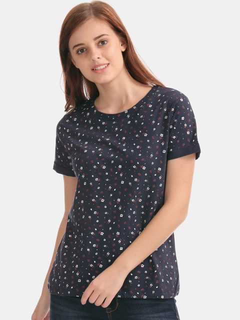 

Sugr Women Navy Blue Printed Round Neck T-shirt