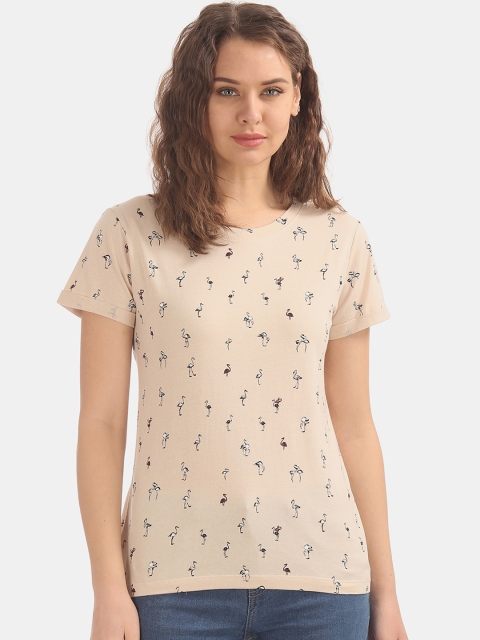 

Sugr Women Beige Printed Round Neck T-shirt