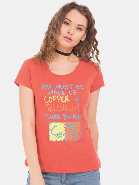 

Sugr Women Orange Printed Round Neck T-shirt