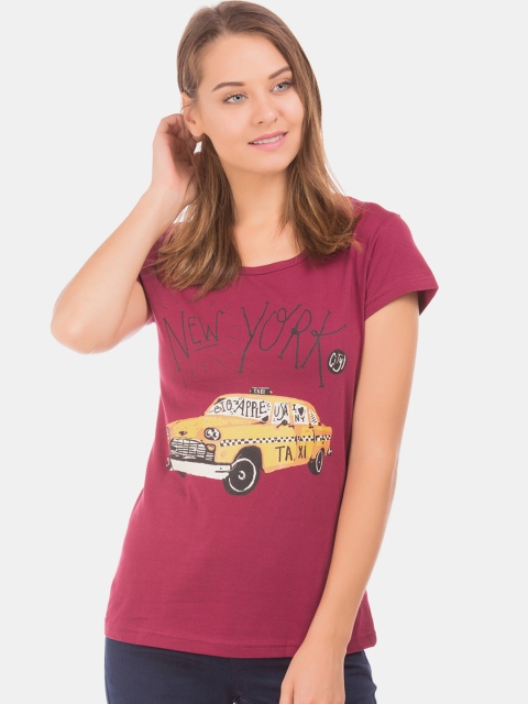 

Sugr Women Burgundy Printed Round Neck T-shirt
