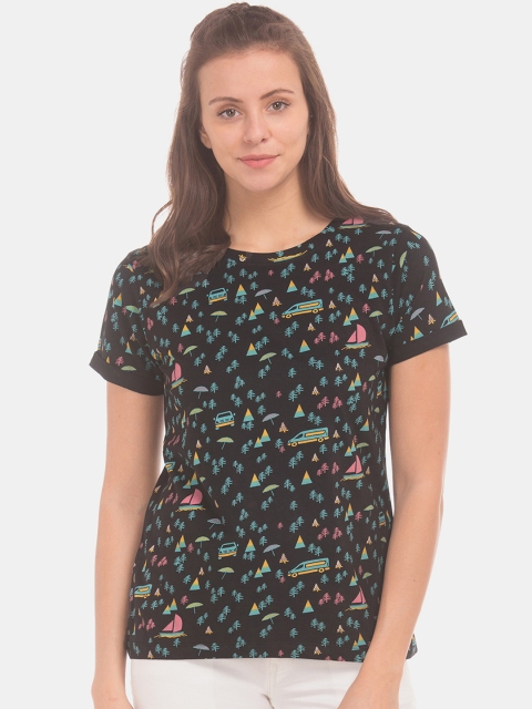 

Sugr Women Black Printed Round Neck T-shirt