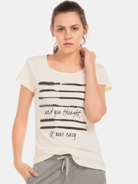

Sugr Women Cream-Coloured Printed Round Neck T-shirt