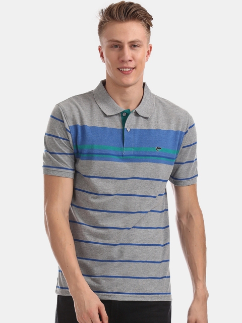 

Ruggers Men Grey & Blue Striped Polo Collar T-shirt