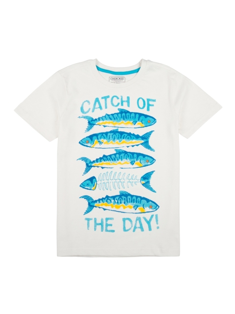 

Cherokee Boys White & Blue Fish Printed Round Neck T-shirt