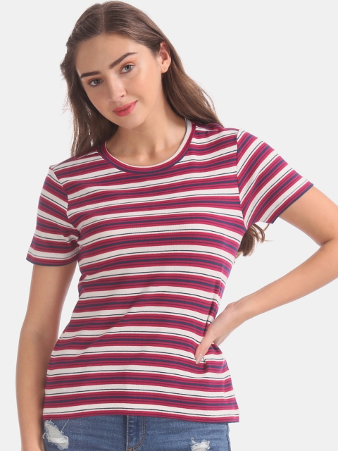 

Sugr Women Pink & White Striped Round Neck T-shirt