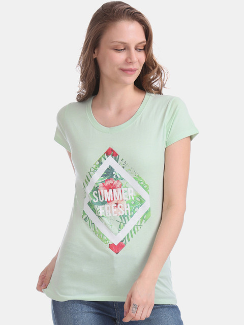 

Sugr Women Green Printed Round Neck T-shirt
