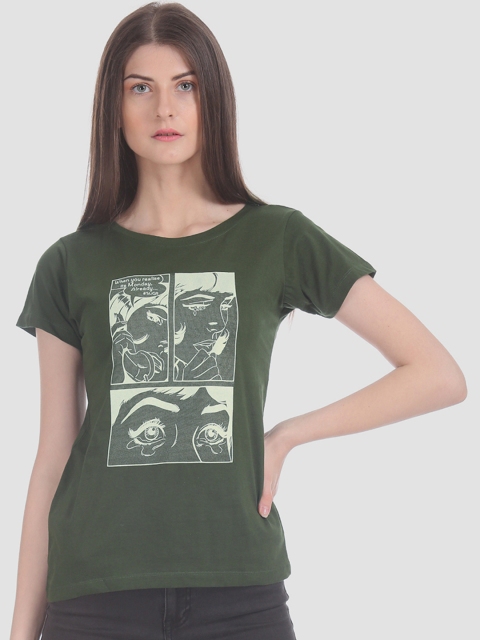 

Sugr Women Green Printed Round Neck T-shirt
