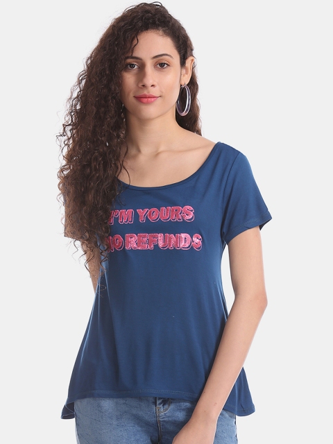 

Sugr Women Navy Blue Printed Round Neck T-shirt