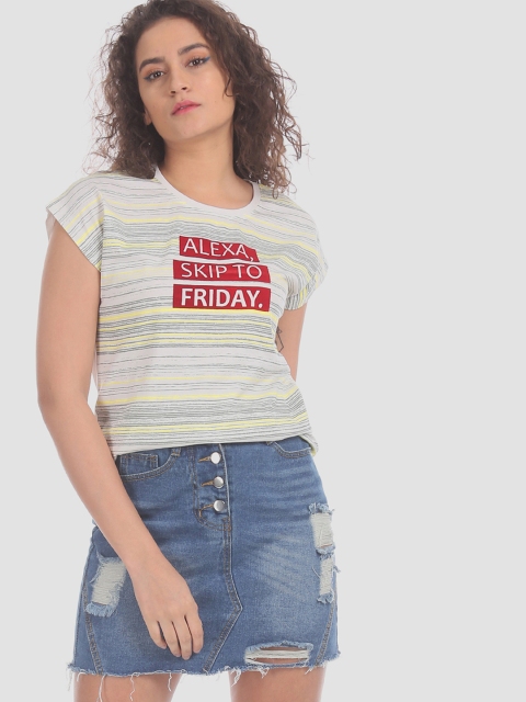 

Sugr Women Off-White Striped Round Neck T-shirt