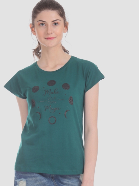 

Sugr Women Green Printed Round Neck Pure Cotton T-shirt