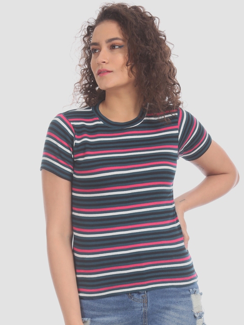 

Sugr Women Teal Blue & Pink Striped Round Neck T-shirt