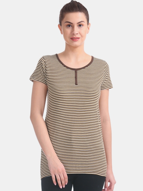 

Sugr Women Brown & Beige Striped Round Neck T-shirt