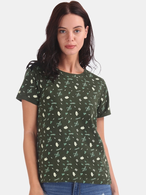 

Sugr Women Green Printed Round Neck T-shirt
