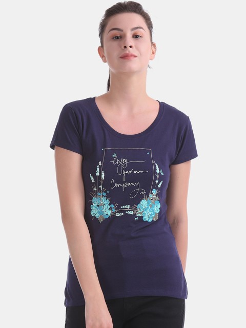 

Sugr Women Blue Printed Round Neck T-shirt