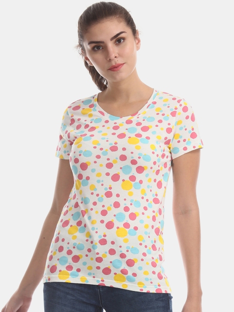 

Sugr Women White & Pink Printed Round Neck T-shirt