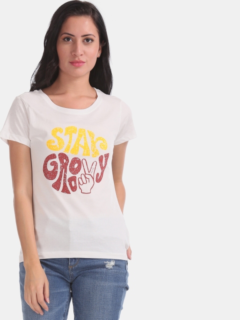 

Sugr Women Off-White Printed Round Neck T-shirt