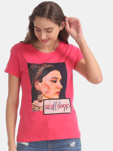 

Sugr Women Pink Printed Round Neck T-shirt