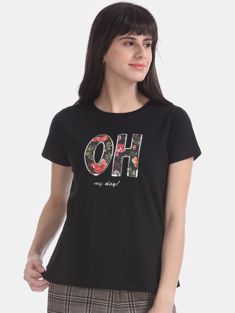 

Sugr Women Black Printed Round Neck Pure Cotton T-shirt