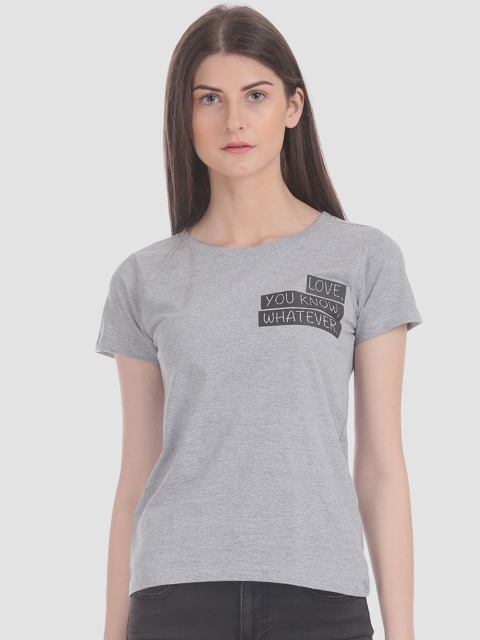 

Sugr Women Grey Melange Printed Round Neck T-shirt