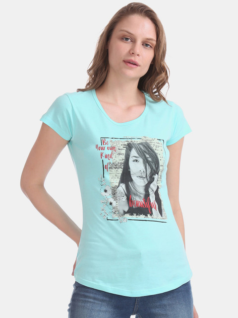 

Sugr Women Blue Printed Round Neck T-shirt