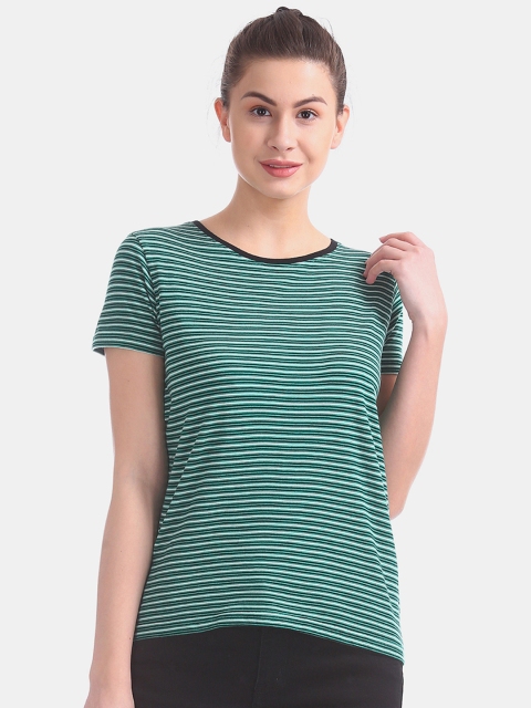 

Sugr Women Green White Striped Round Neck Pure Cotton T-shirt