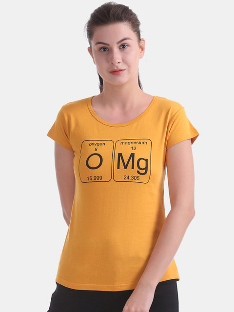 

Sugr Women Mustard Yellow Printed Round Neck T-shirt