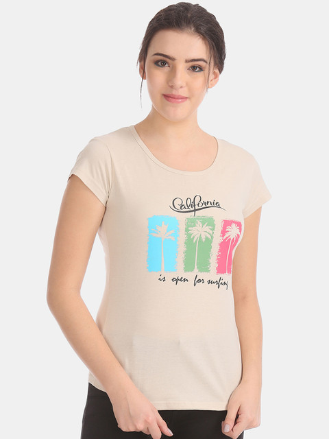 

Sugr Women Beige Printed Round Neck T-shirt