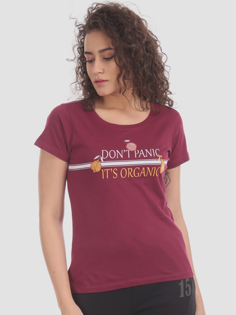 

Sugr Women Burgundy Printed Round Neck T-shirt