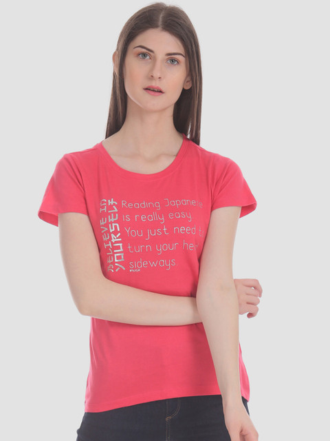 

Sugr Women Fuchsia Pink Shimmer Printed Round Neck T-shirt