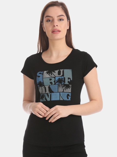 

Sugr Women Black Printed Round Neck T-shirt