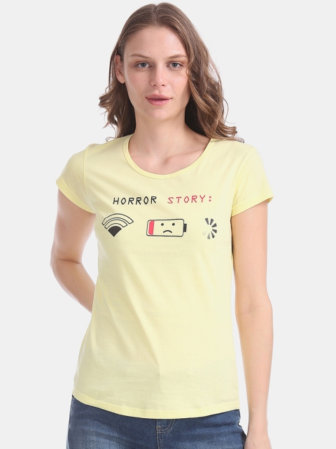 

Sugr Women Yellow Printed Round Neck T-shirt