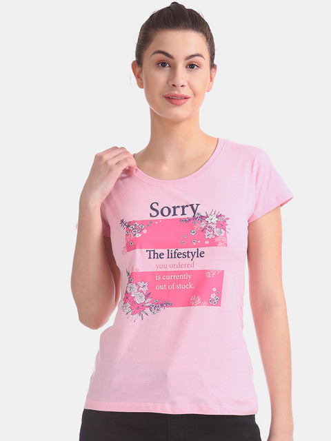 

Sugr Women Pink Printed Round Neck T-shirt