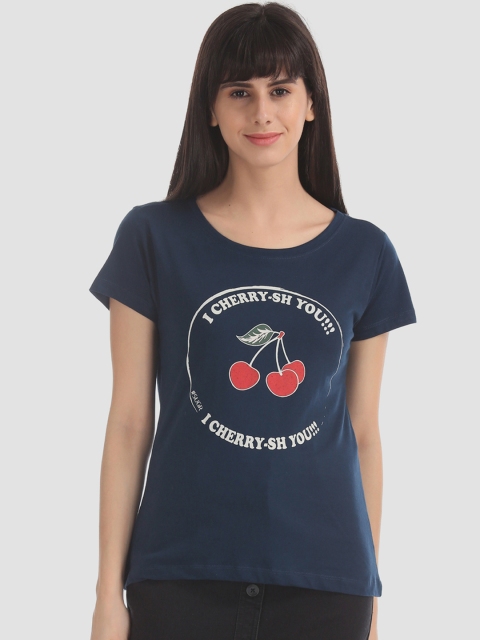 

Sugr Women Navy Blue Printed Round Neck T-shirt