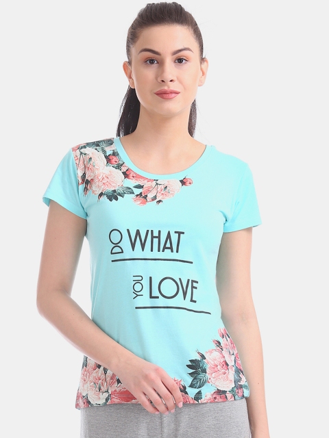 

Sugr Women Blue Floral Printed Round Neck T-shirt