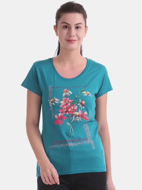 

Sugr Women Teal Blue Floral Printed Round Neck T-shirt