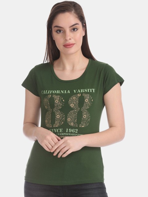 

Sugr Women Green Printed Round Neck T-shirt