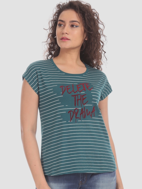 

Sugr Women Teal Green White Striped Round Neck Pure Cotton T-shirt