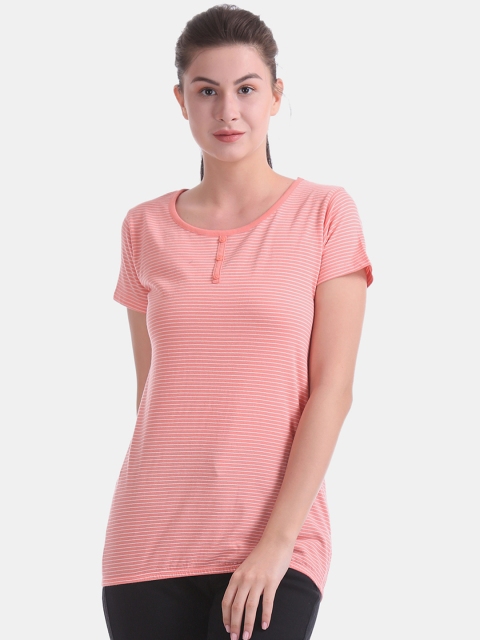 

Sugr Women Coral-Red Striped Round Neck T-shirt