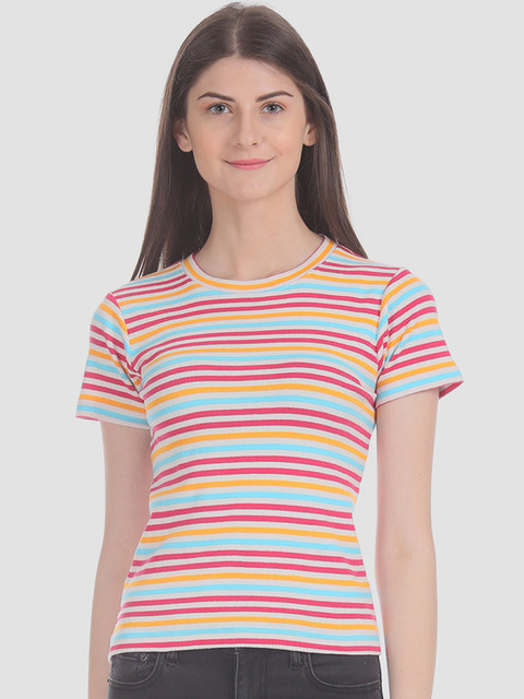 

Sugr Women White Striped Round Neck T-shirt