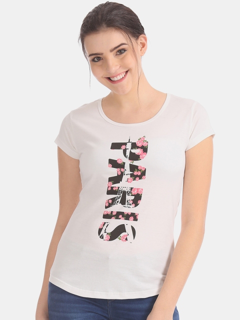 

Sugr Women Off-White Printed Round Neck T-shirt
